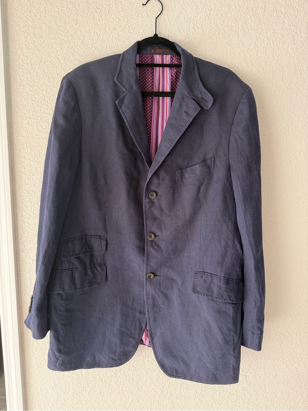 Etro Italy Vintage Home Blazer Navy Linen Wool Jacket IT 56 US 46 Patch Pockets